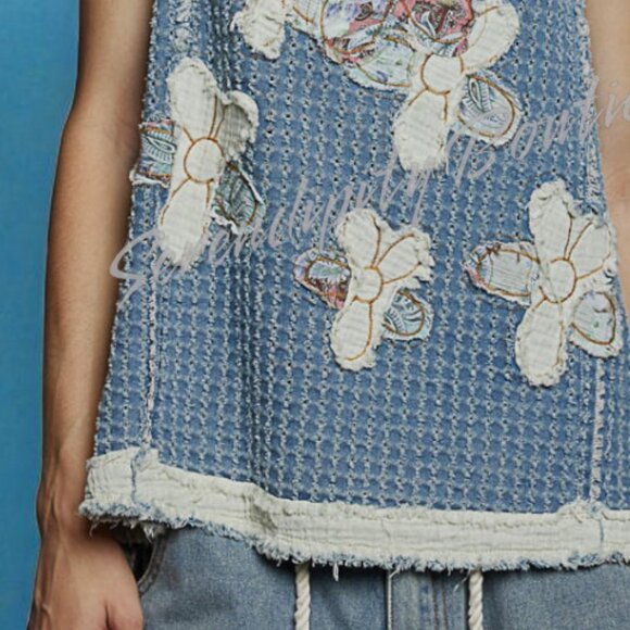 POL Slouchy Frayed Floral Patchwork Baggy Sleeveless Drapery 100% Cotton Jean To - Picture 7 of 11